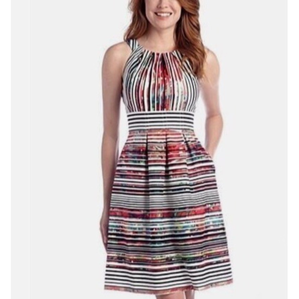 NINE WEST Womens Sleeveless Pleat Neck Fit-and-Flare Size 14 Striped Knee Length